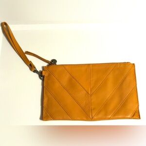 Lucky Brand Rayla Leather Wristlet Clutch chevron brown/mustard yellow.  NWOT